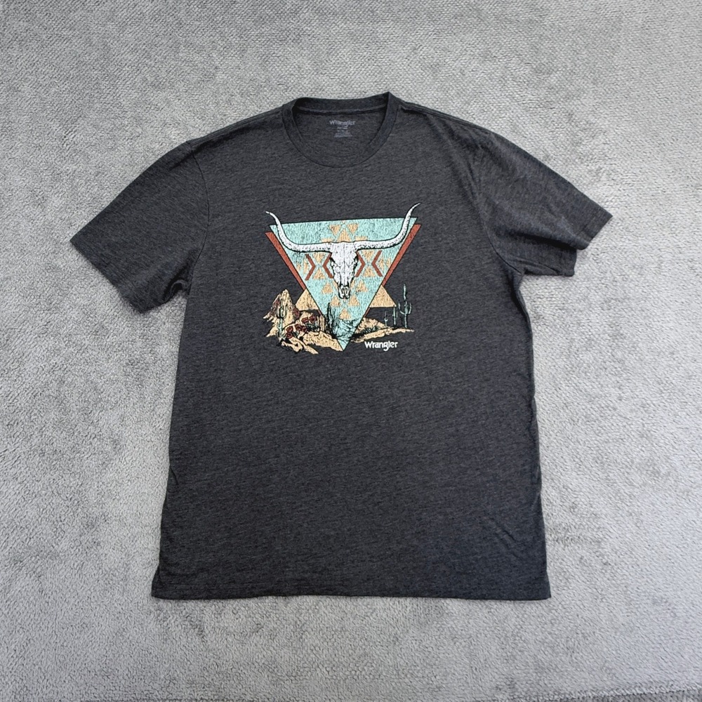 Wrangler Graphic T-Shirt Mens M Gray Longhorn Skull Western Desert Short Sleeve